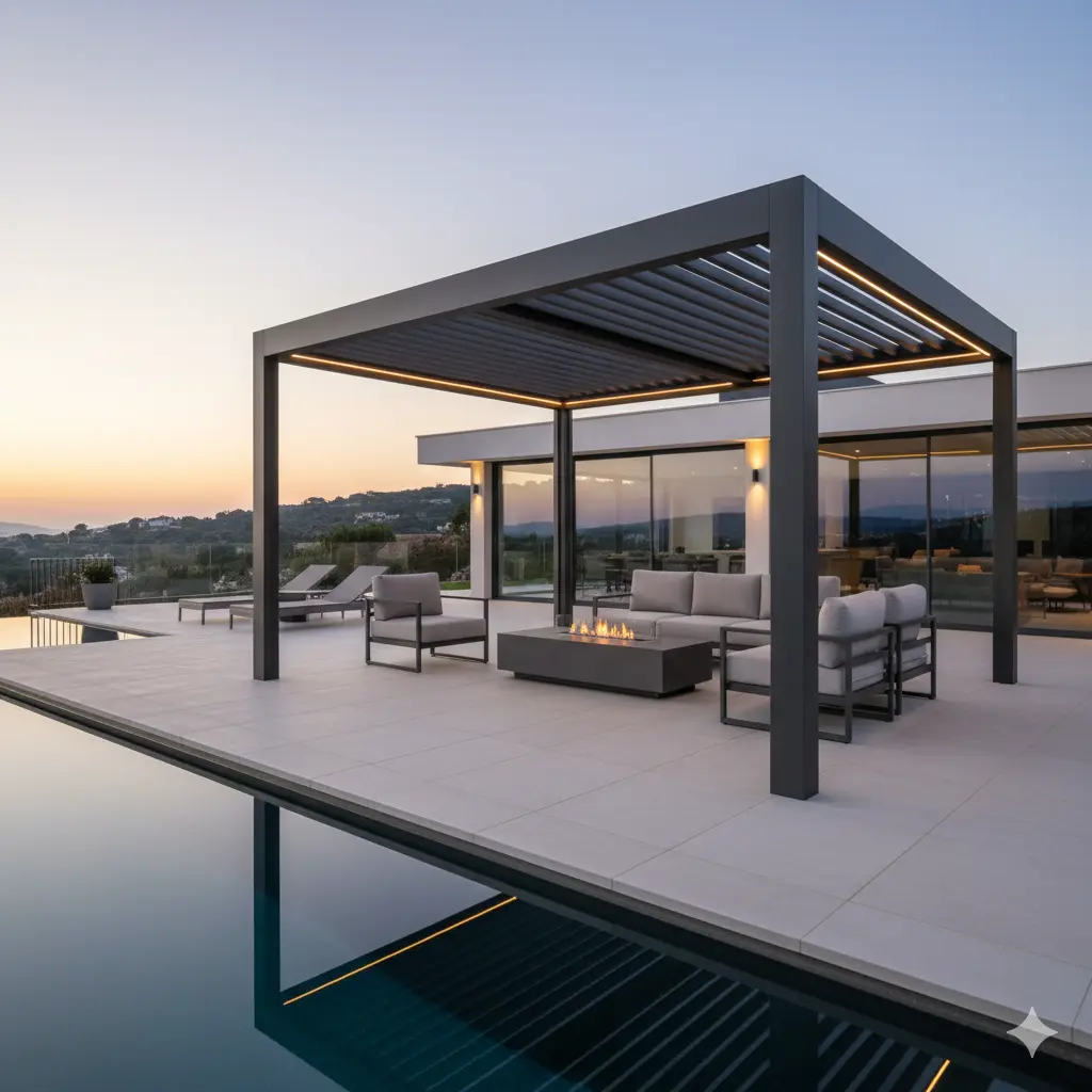 Bahçede kurulu estetik bir pergola sistemi
